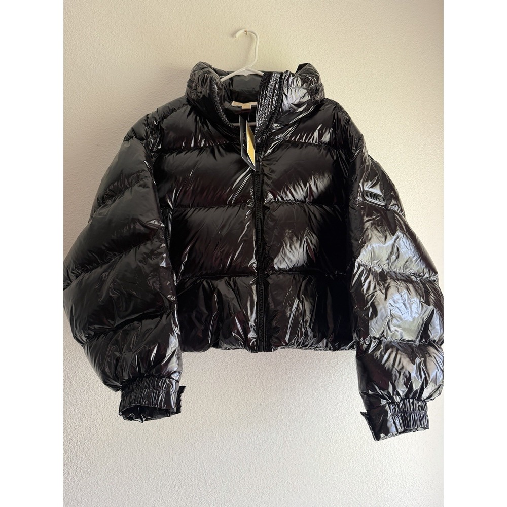 NWT Michael Kors Women's Black Shiny Glossy Puffer Jacket Hooded Quilted Size L